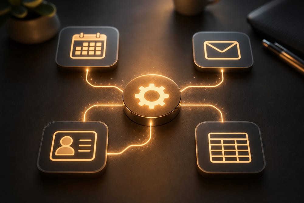API integrations connecting a CRM, scheduling tool, and email so business apps share data.