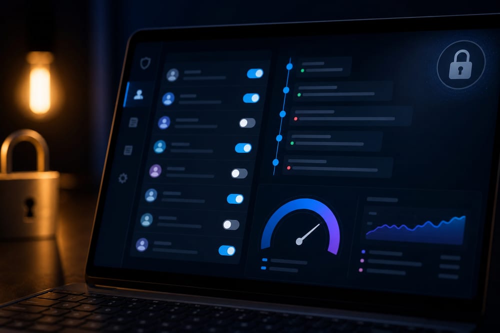 Permissions and audit log dashboard showing who accessed an AI assistant and what it did.