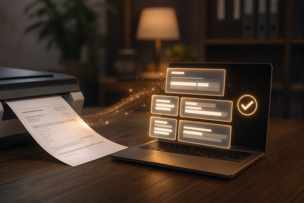 Invoices and intake forms being read and sorted automatically by an AI document automation workflow.