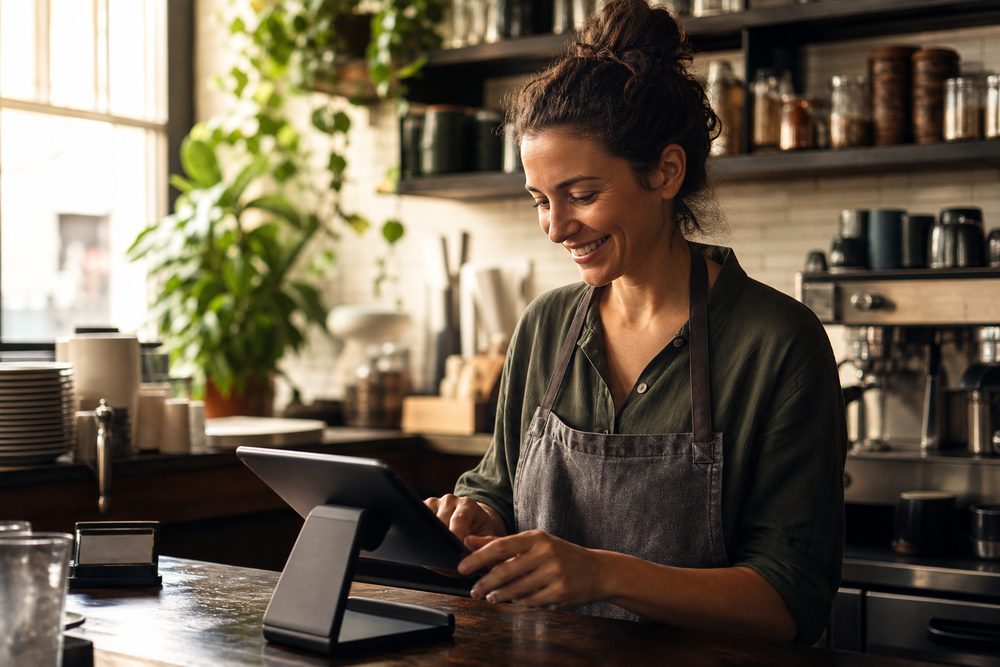 A cafe owner using a tablet point-of-sale behind the counter—an example of the foodservice businesses Knockout Networks supports.