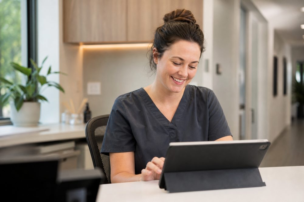 A clinician in a small modern clinic using a tablet—an example of the healthcare practices Knockout Networks supports.