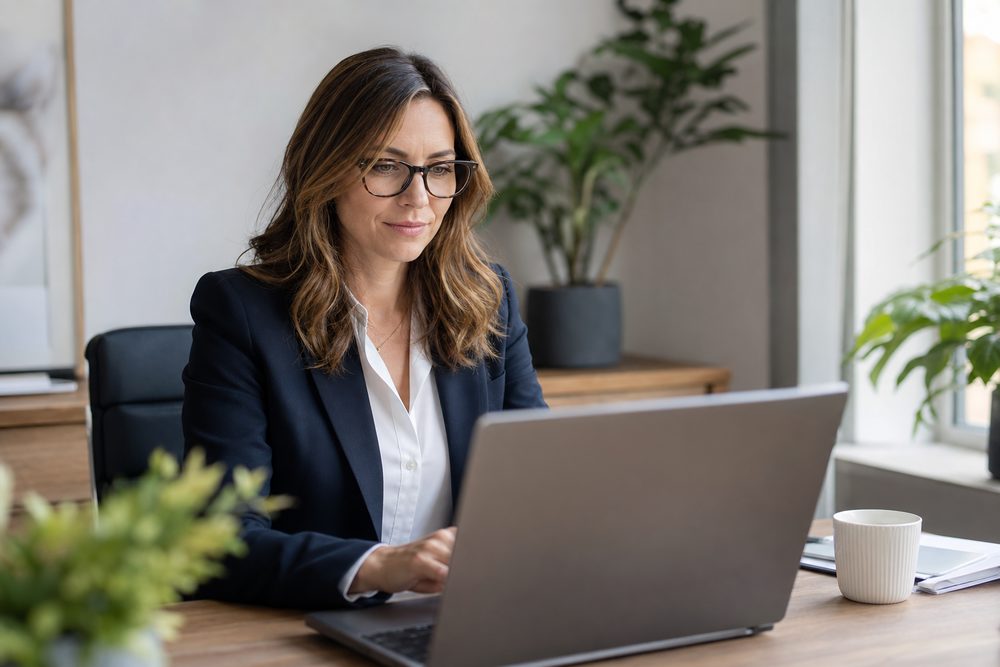 A professional working at a laptop in a small office—an example of the service firms Knockout Networks supports.