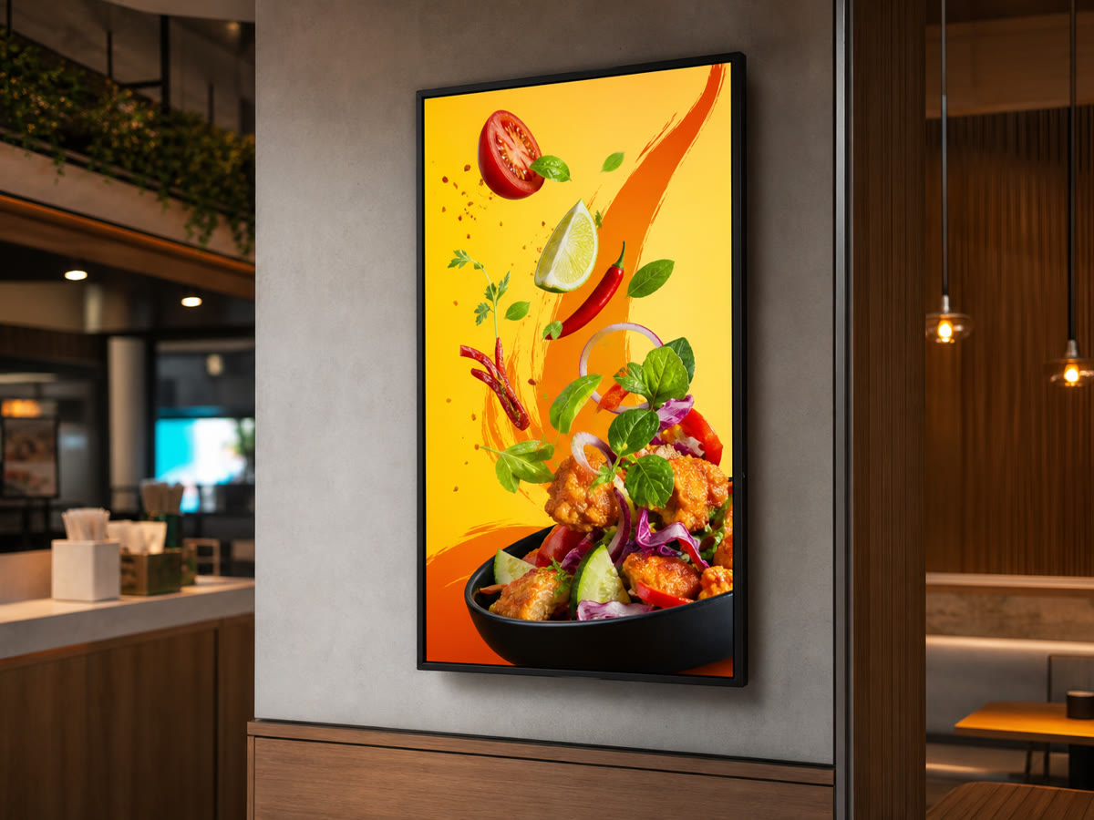 Commercial TV and digital signage display mounted for retail and lobby use in the DMV.