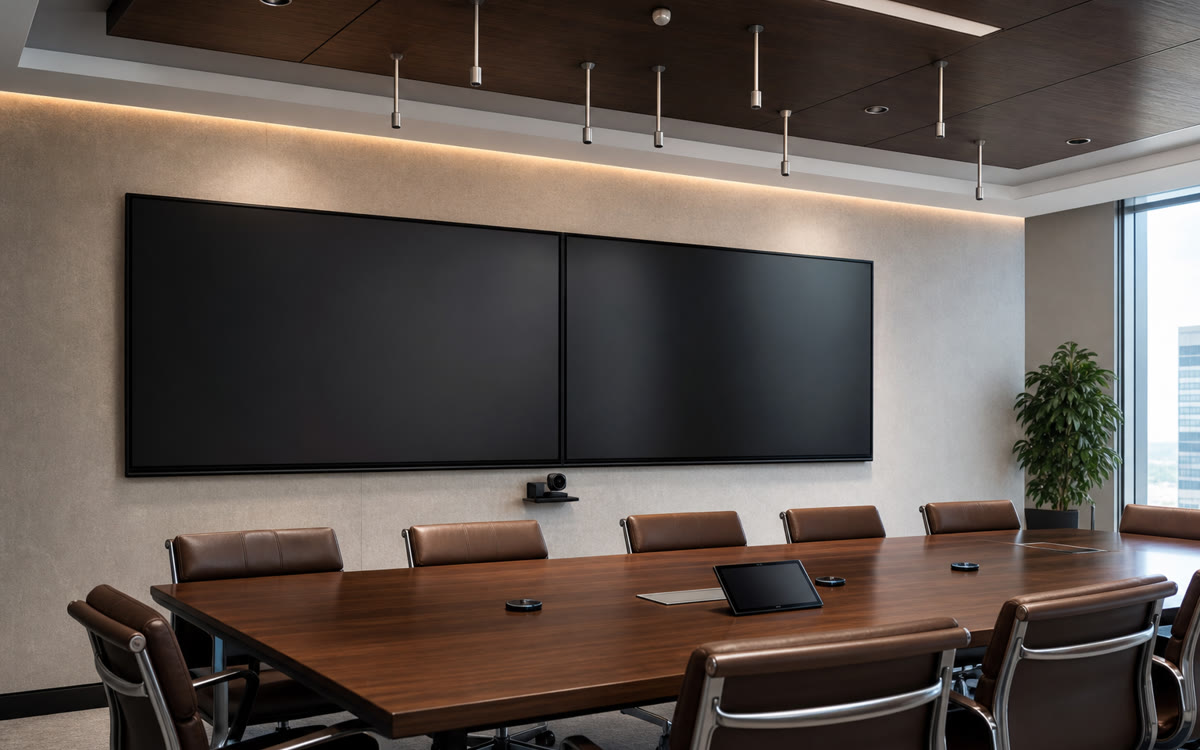 Executive conference room AV installation with video conferencing and presentation display in Northern Virginia.