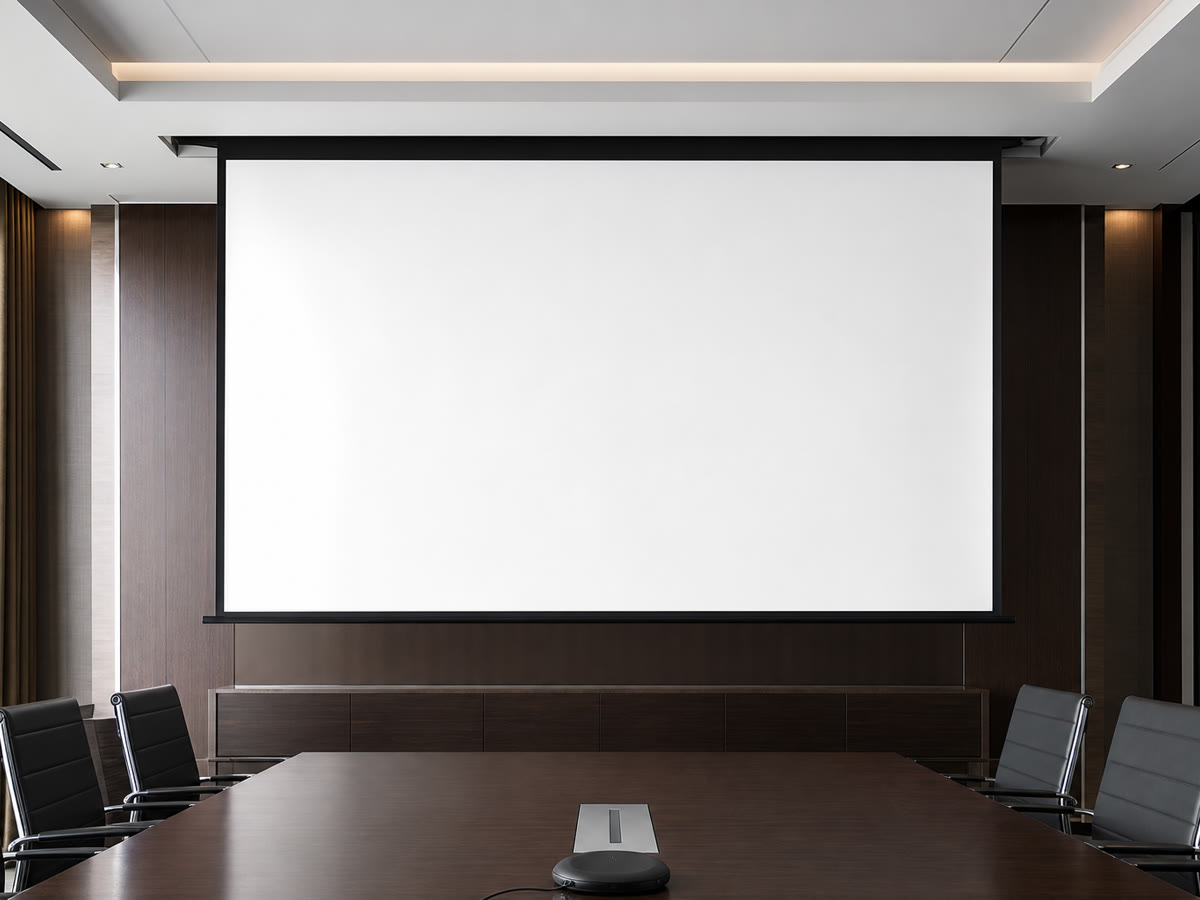 Motorized projection screen installed in a commercial boardroom in Washington DC or Northern Virginia.