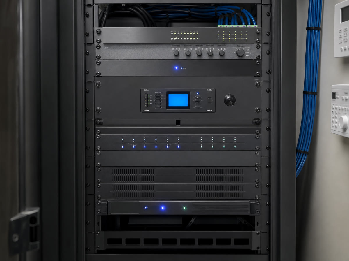 QSC commercial audio amplifiers and DSP for paging and multi-zone sound in DMV businesses.