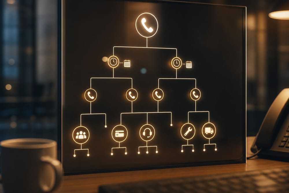 Auto-attendant and IVR call flow diagram routing callers to the right department.