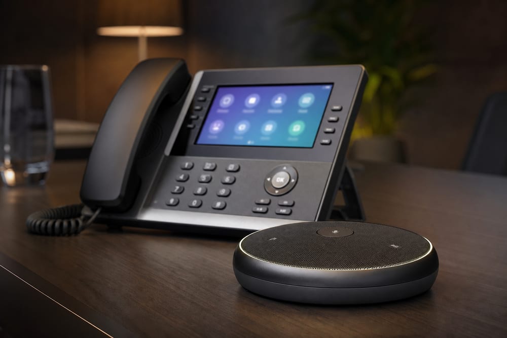 VoIP desk phones and a conference room speakerphone for a small business.