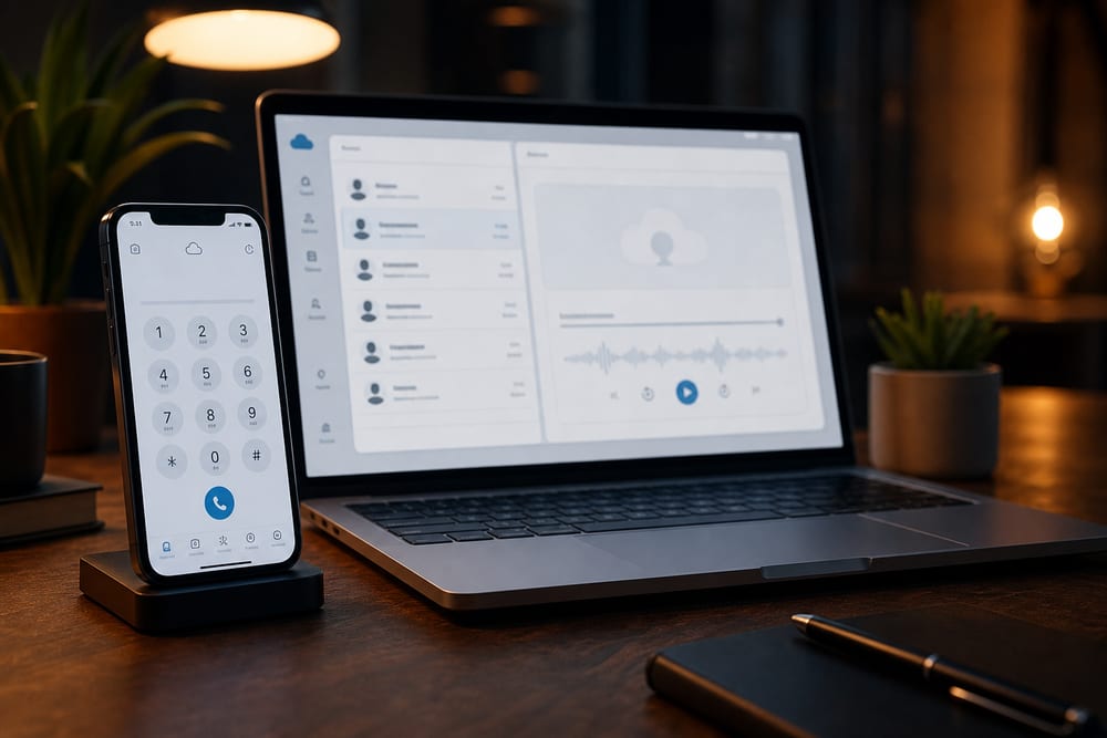Google Voice for business phone system shown on a laptop and mobile device.
