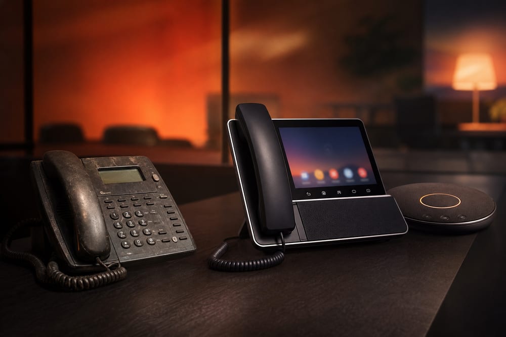 Aging desk phones replaced with modern VoIP handsets and a conference room phone in a Northern Virginia office.