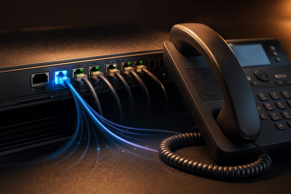 Network switch configured with QoS and VLANs to prioritize VoIP phone traffic.