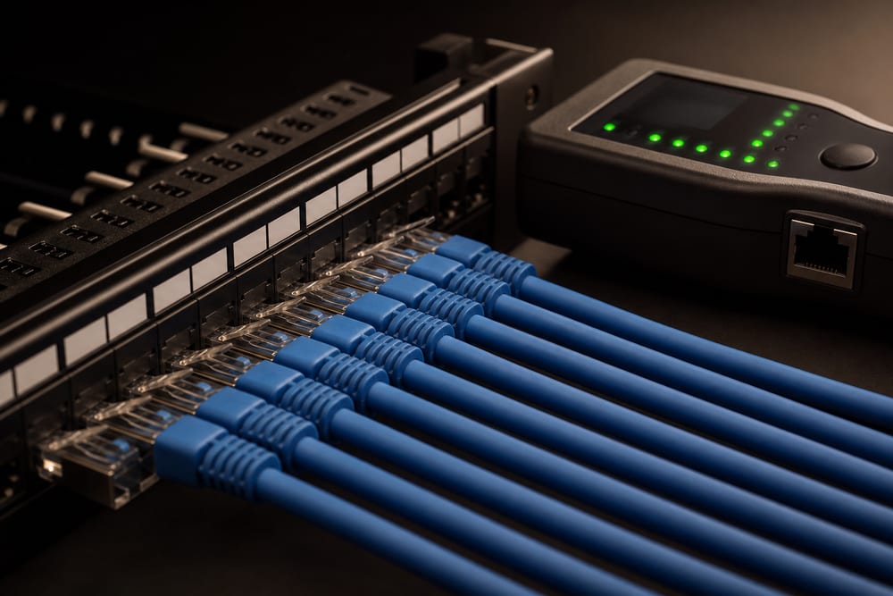 Bundled Cat6 and Cat6a network cabling runs terminated to a keystone patch panel in Northern Virginia.