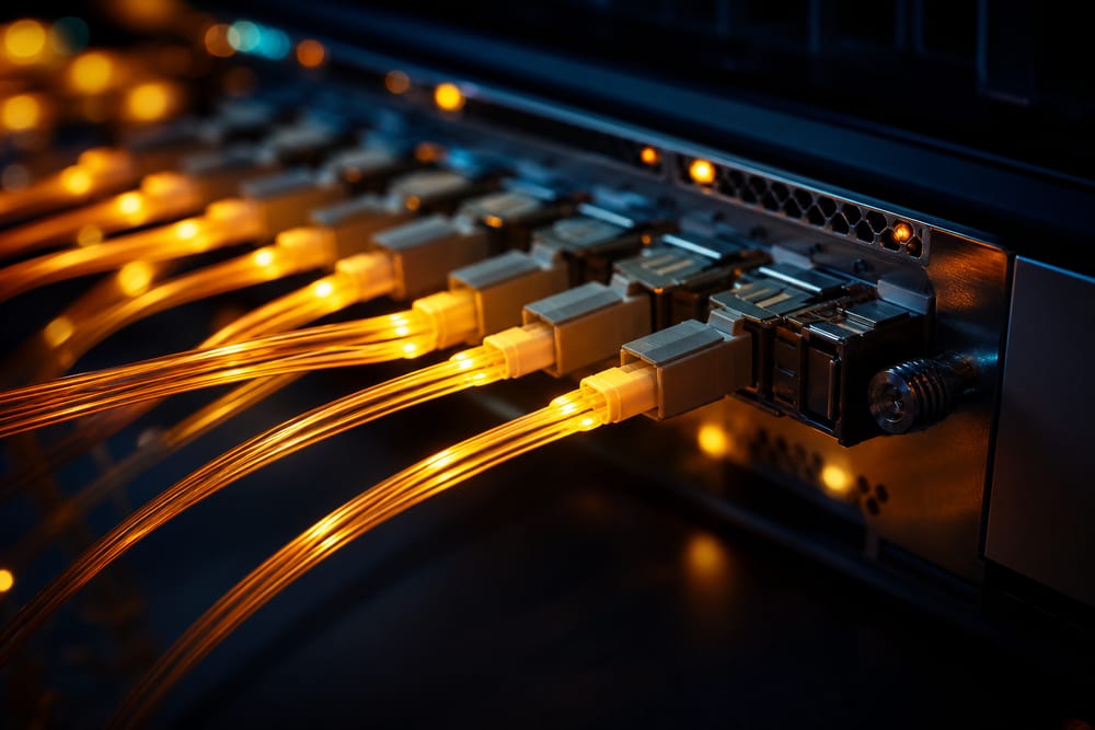 Fiber optic backhaul cabling connecting network switches between floors in a DMV office.
