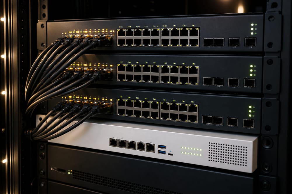 UniFi, Meraki, and Fortinet network switches and firewalls mounted in a business rack in Virginia.