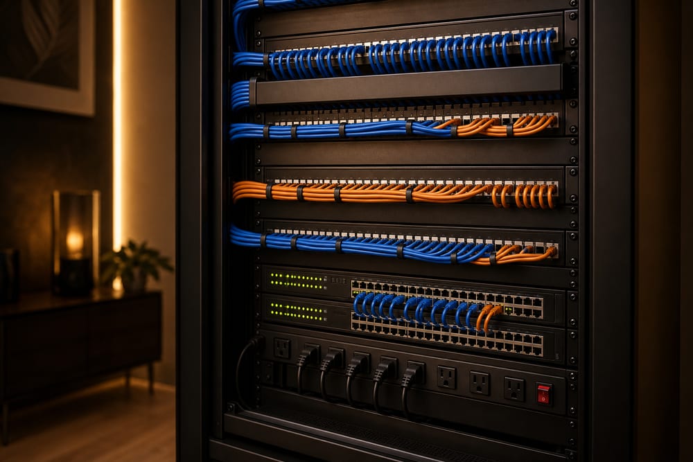 Clean network rack with labeled patch panels and cable management in a Northern Virginia server closet.