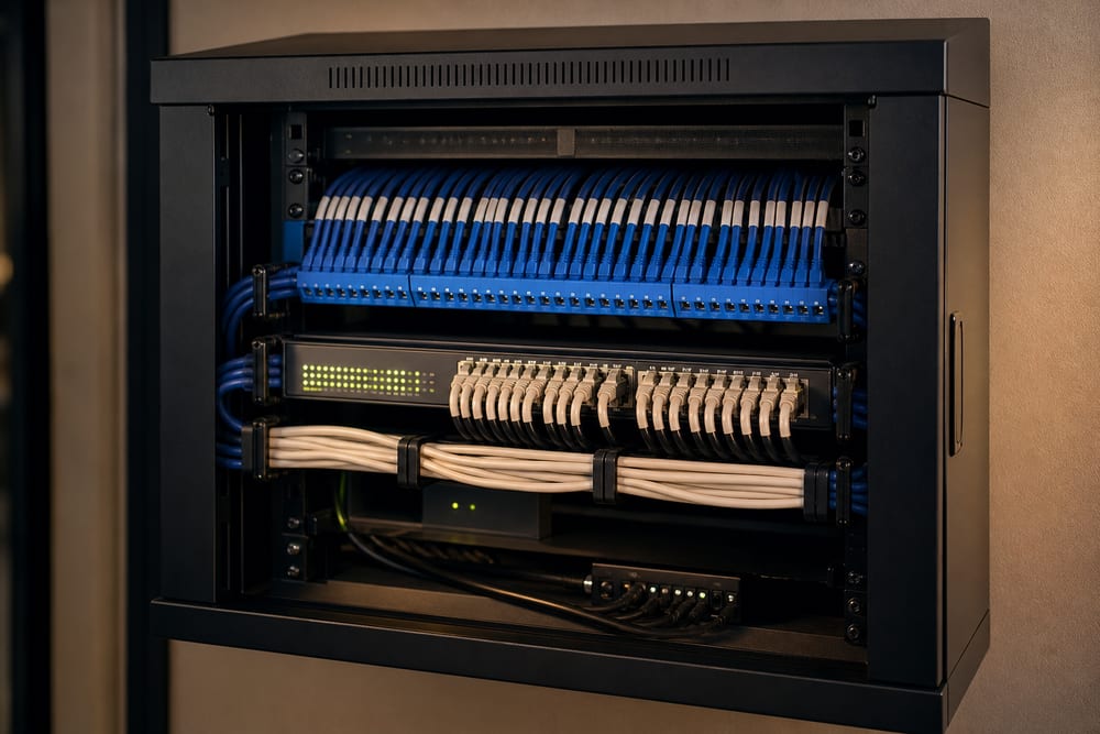 Messy network closet rewired into a clean labeled patch panel and rack during an IDF cleanup in the DMV.
