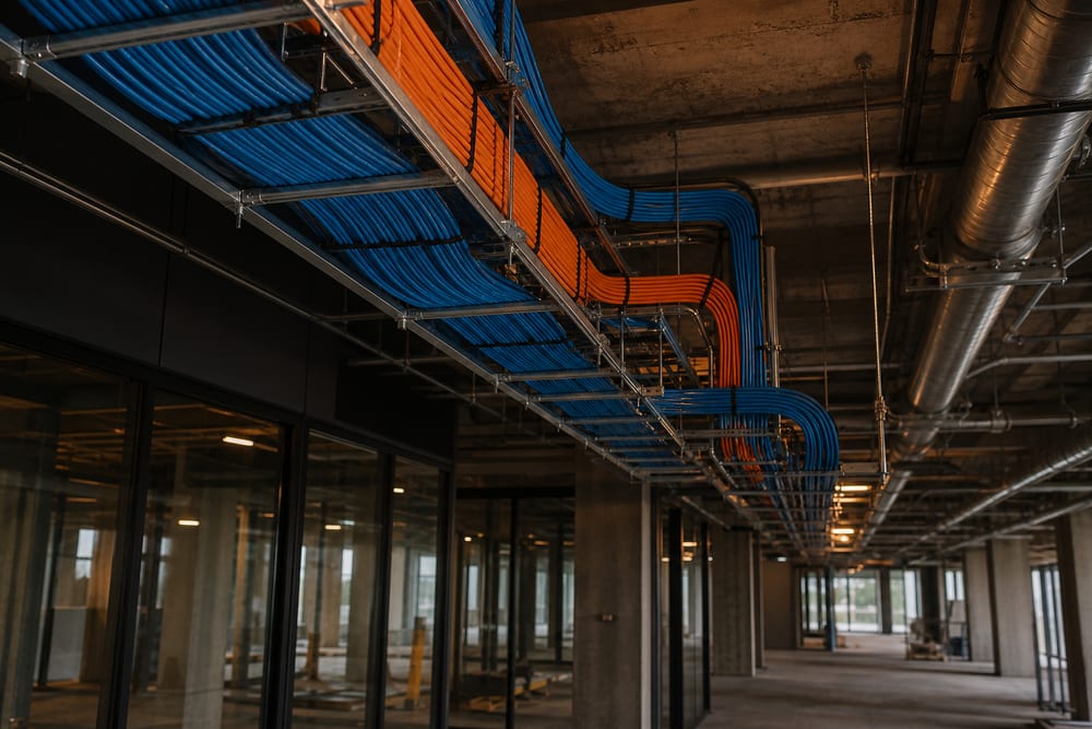 New office Cat6 and fiber cabling buildout with cable trays and a network rack in Northern Virginia.