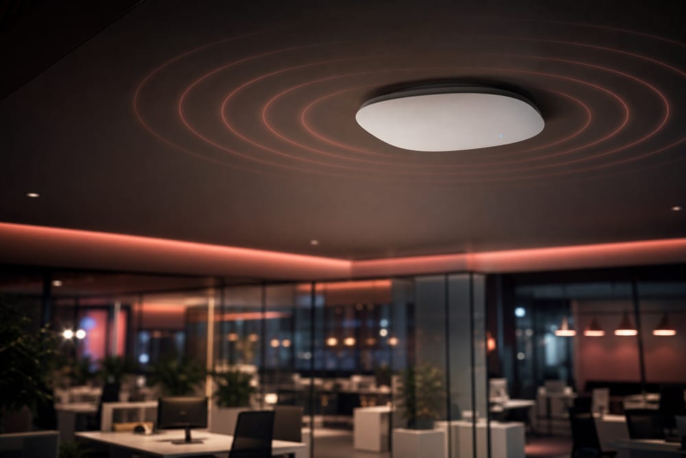 Wi‑Fi access point mounted for full coverage after a dead-zone survey in a Washington DC office.