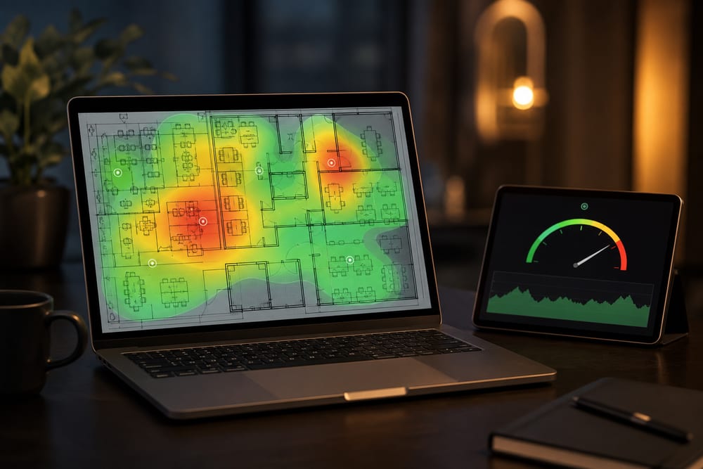 Wi‑Fi site survey heat map overlaid on an office floor plan showing access point coverage in the DMV.