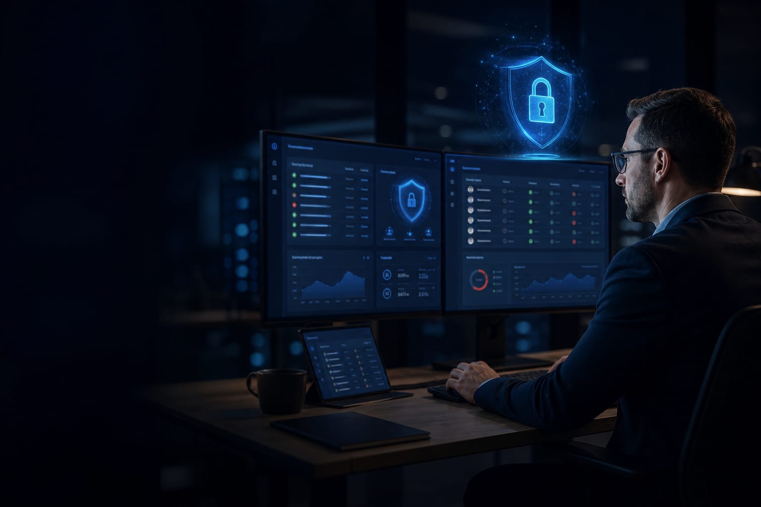 A secure workspace representing government contractors preparing for CMMC and CUI compliance.