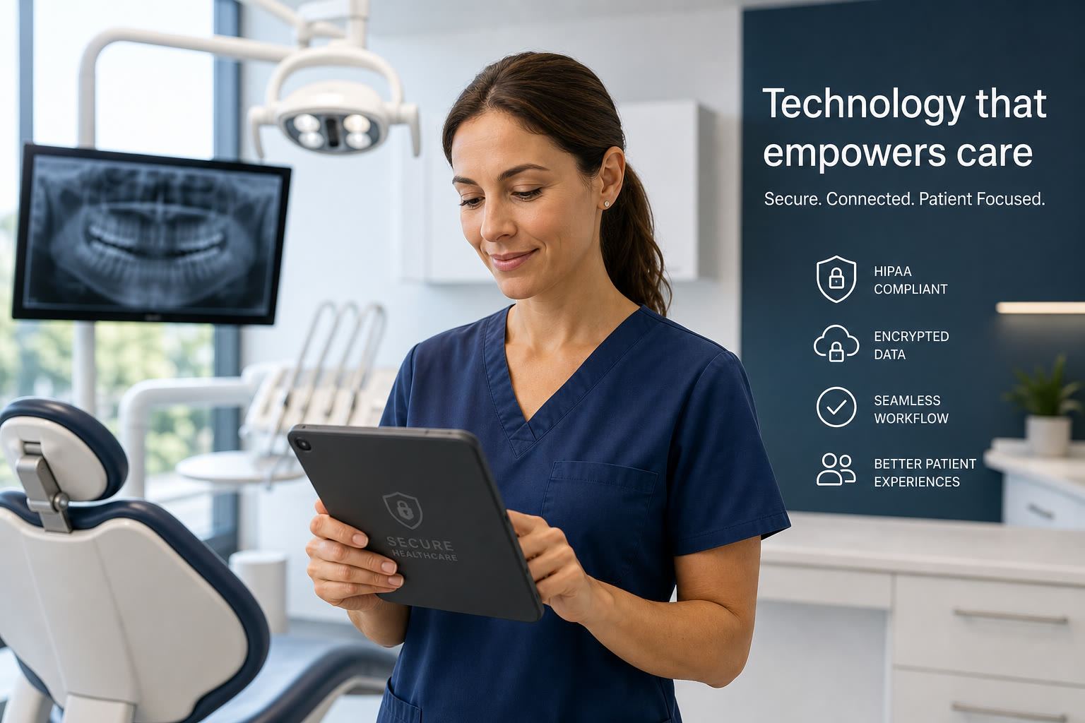 A clinician using a secure tablet in a modern dental or medical office—Knockout Networks provides HIPAA-aligned healthcare IT across Northern Virginia and the DMV.