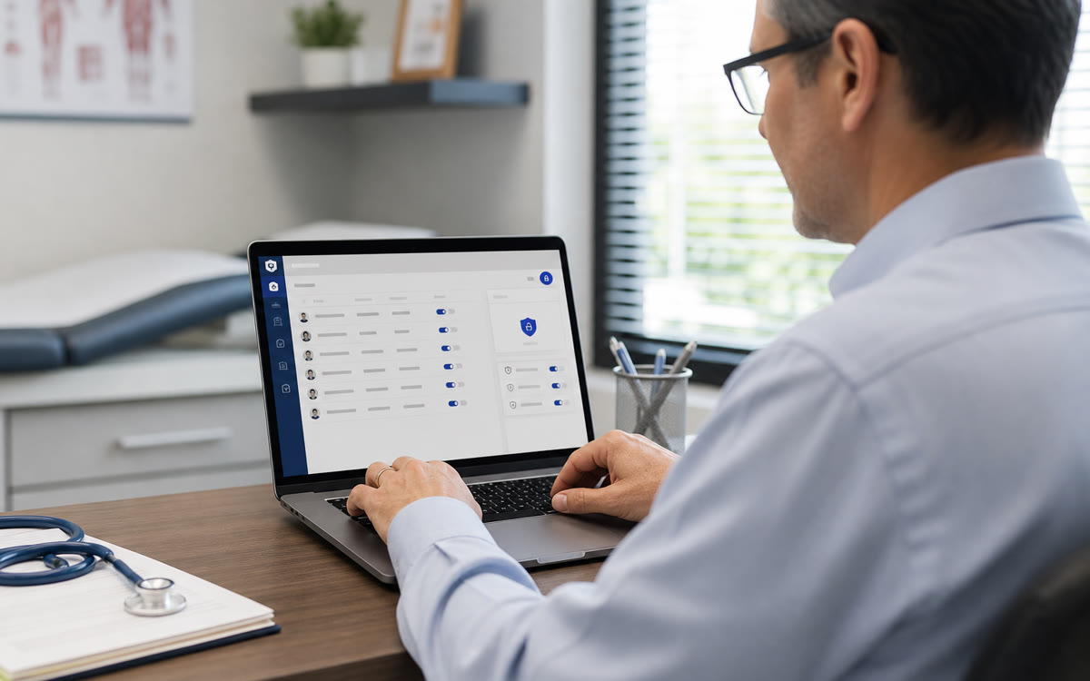 Role-based access control for a healthcare practice using Microsoft Entra or Google Workspace.