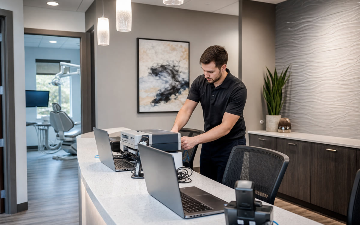 New dental office IT setup with secure workstations, Wi‑Fi, and practice management software in Northern Virginia.