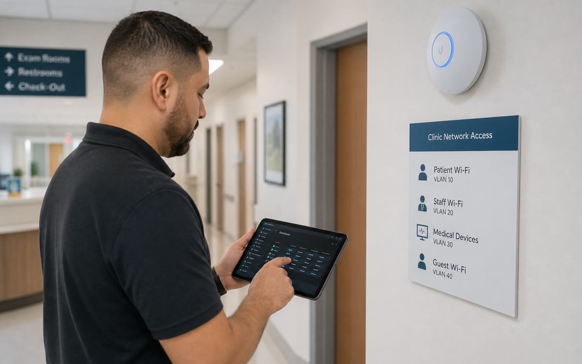 Secure Wi‑Fi segmentation separating staff and guest networks in a medical office.