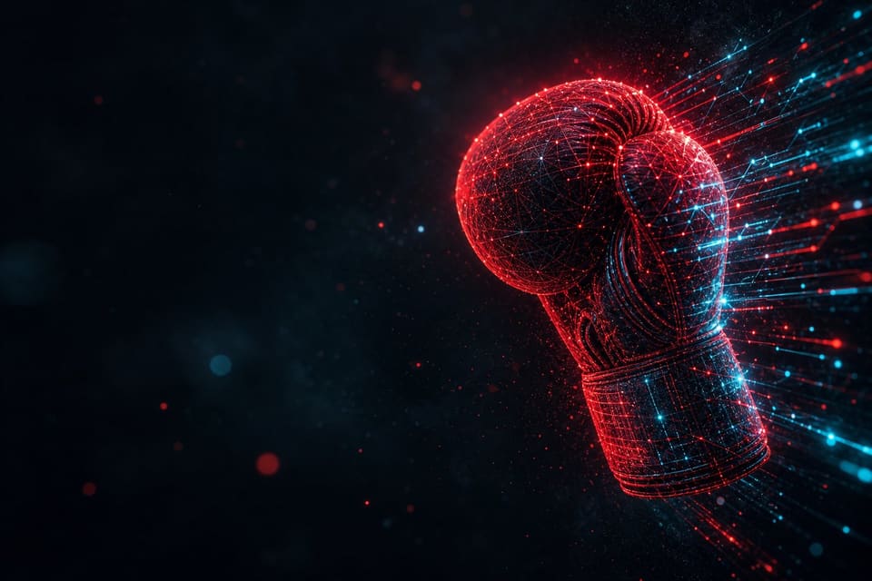 A boxing glove built from a glowing red-and-cyan network of nodes and data lines—Knockout Networks’ high-tech take on small-business IT.