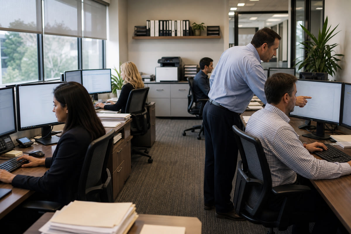 Staff at workstations across the open floor of a small accounting firm during busy season.