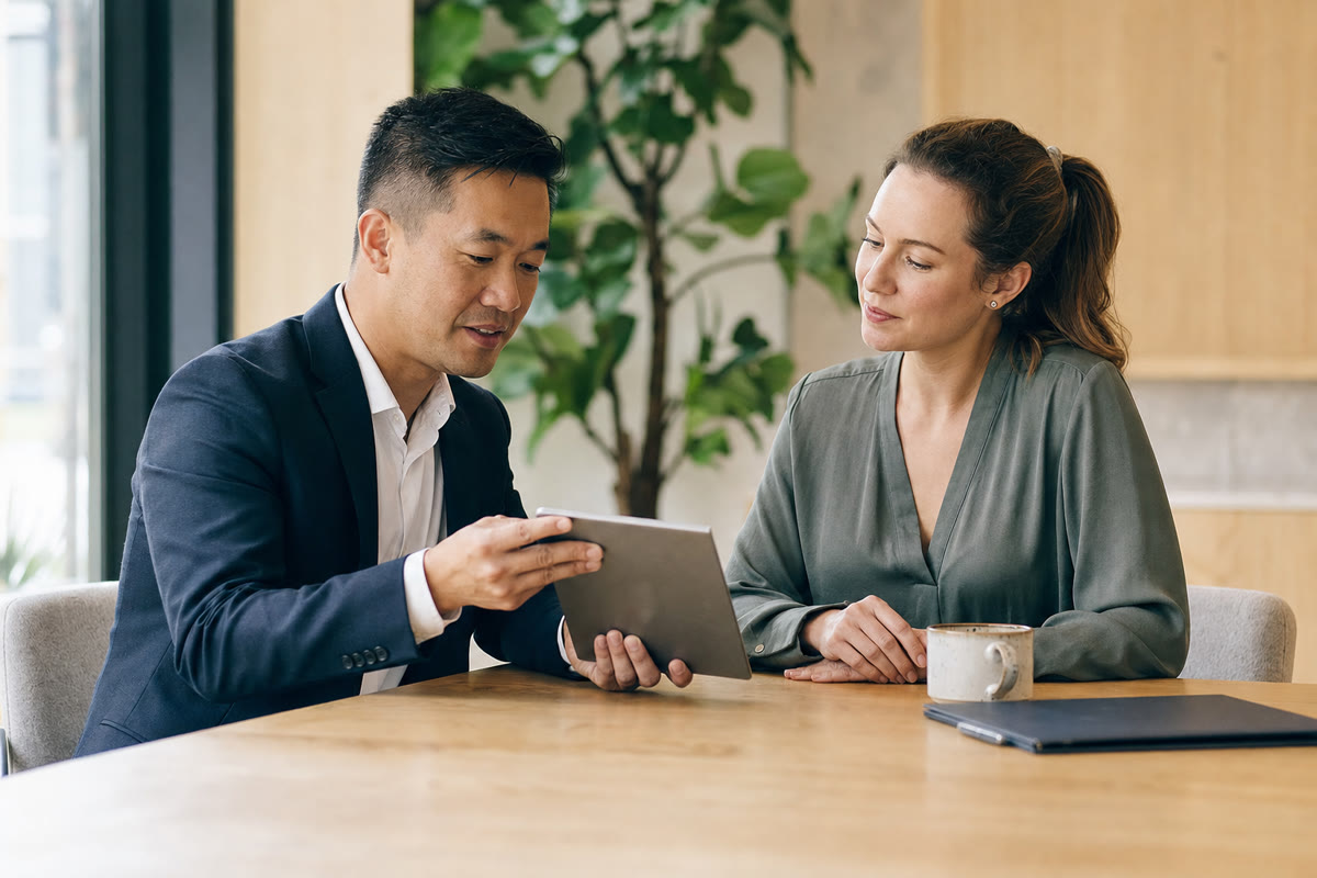 Accountant and a client reviewing documents together on a tablet at a meeting table.