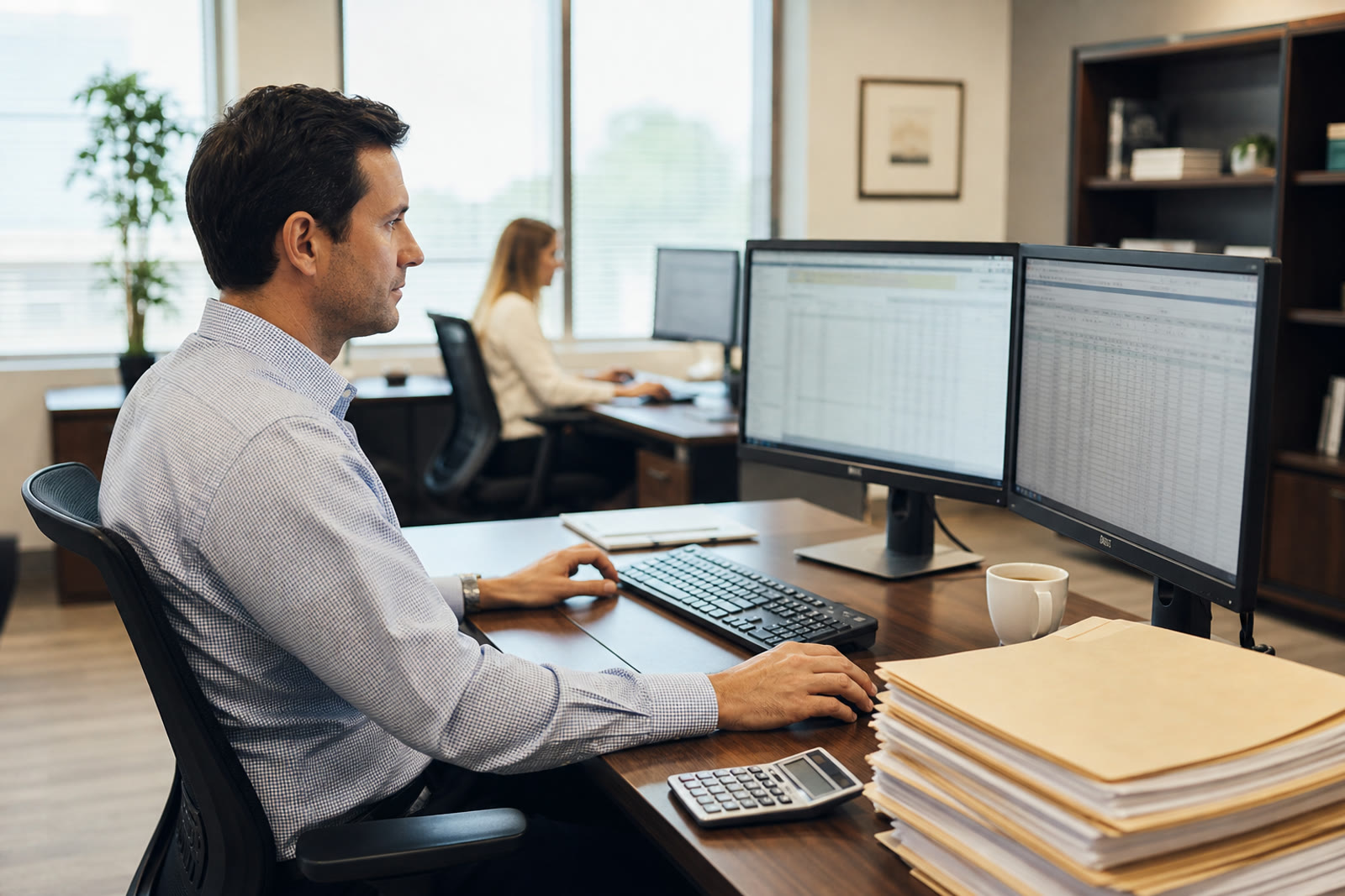 CPA working at a tidy dual-monitor desk in a small accounting firm during busy season.