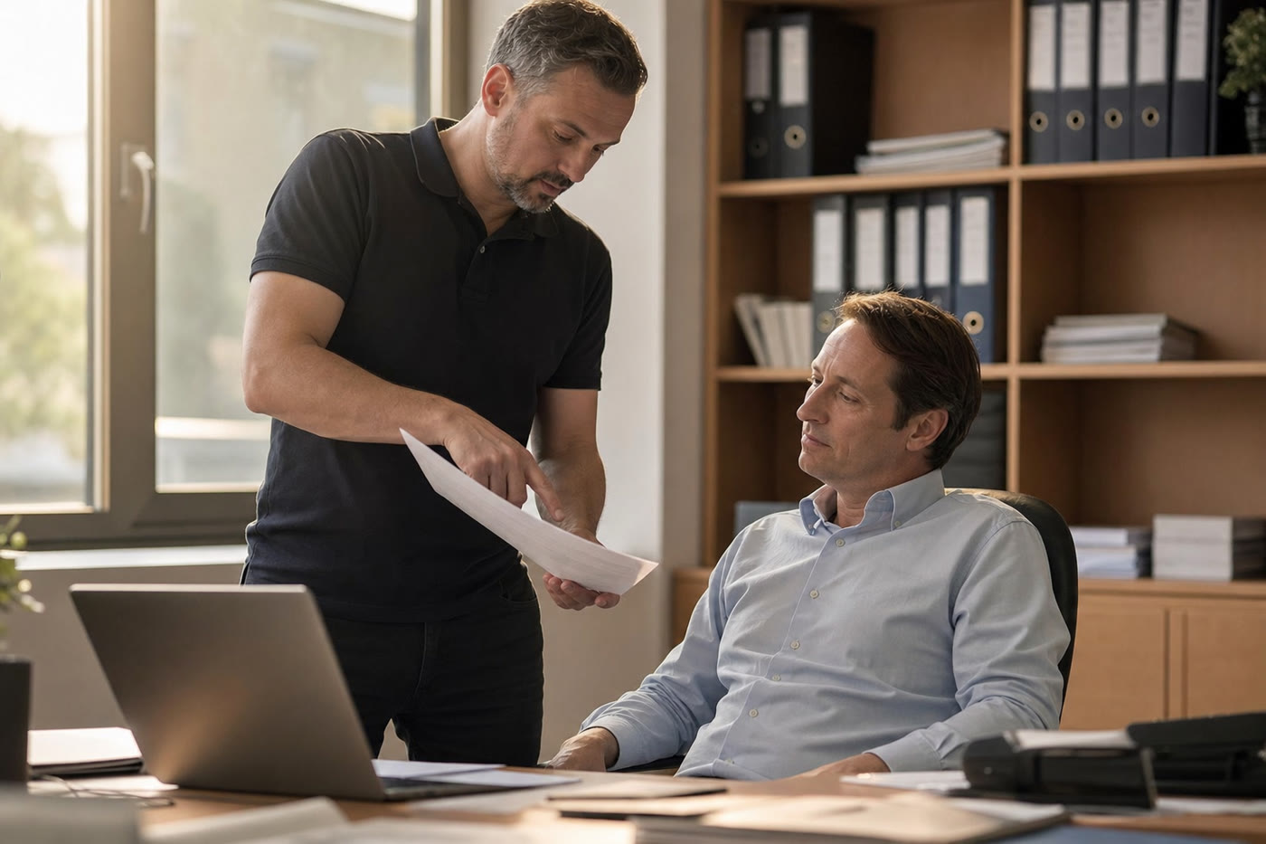 IT consultant reviewing a printed security checklist with a partner at his desk in an accounting firm.