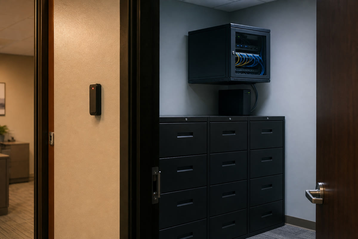Locked records room in an accounting office with filing cabinets, a network cabinet, and a badge reader beside the door.