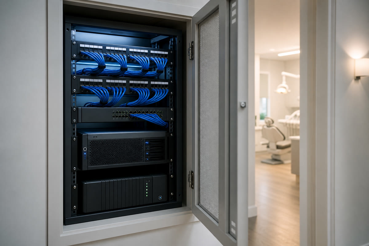 Tidy wall-mounted network rack inside a dental practice with labeled patch panel, switch, server, and battery backup.