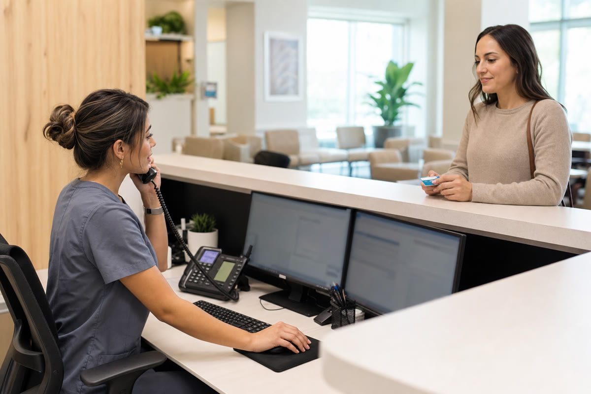 Dental treatment coordinator working at a dual-monitor front desk workstation while a patient waits at the counter.