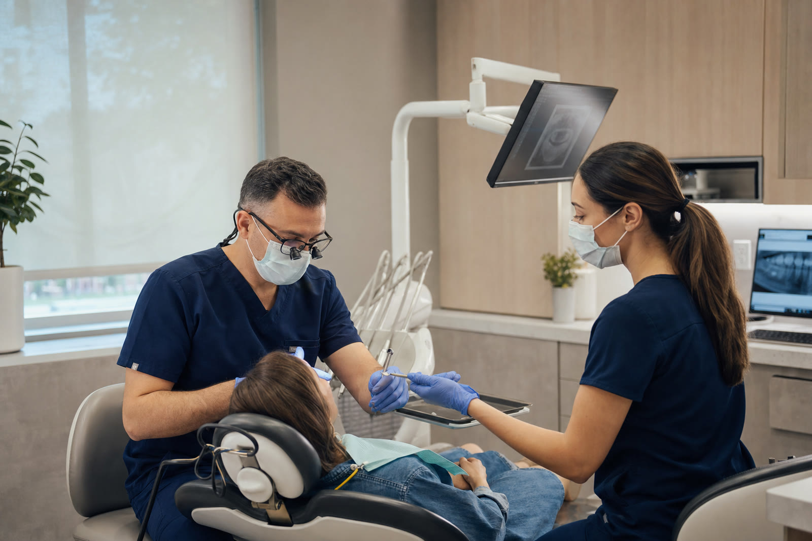 Dentist and dental assistant treating a patient in a modern operatory with a chairside imaging monitor above the chair.