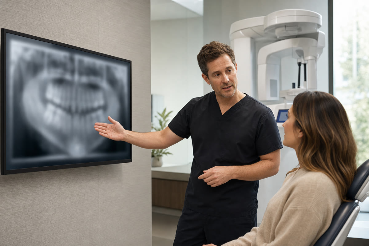 Dentist showing a patient a dental radiograph on a wall-mounted consultation monitor in a modern operatory.