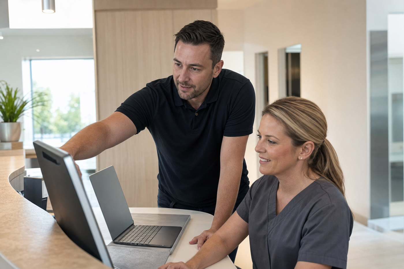 IT technician walking a dental practice manager through a workstation at the front desk of a clinic.