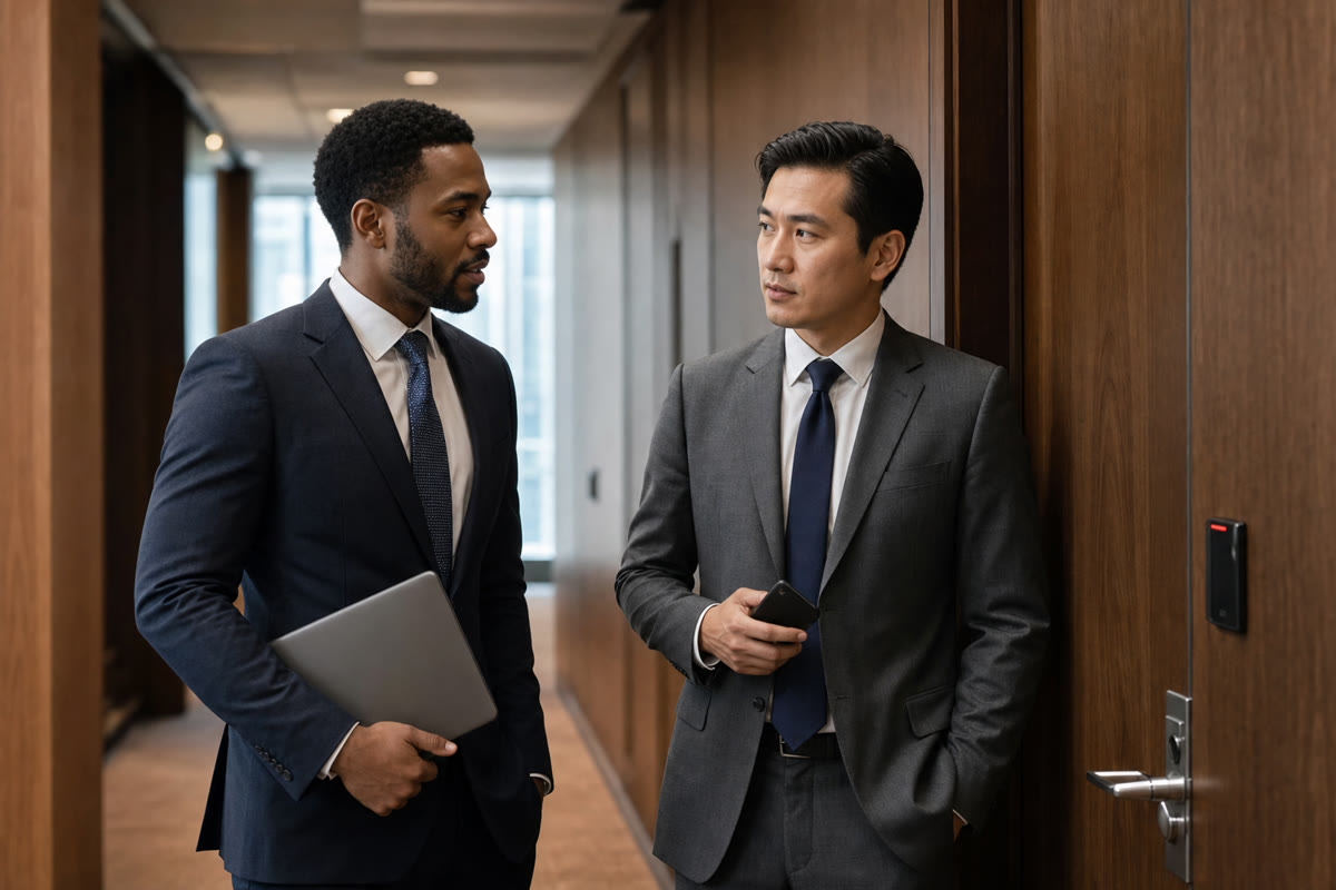 Two attorneys speaking quietly in a law office corridor beside a badge-controlled file room door.