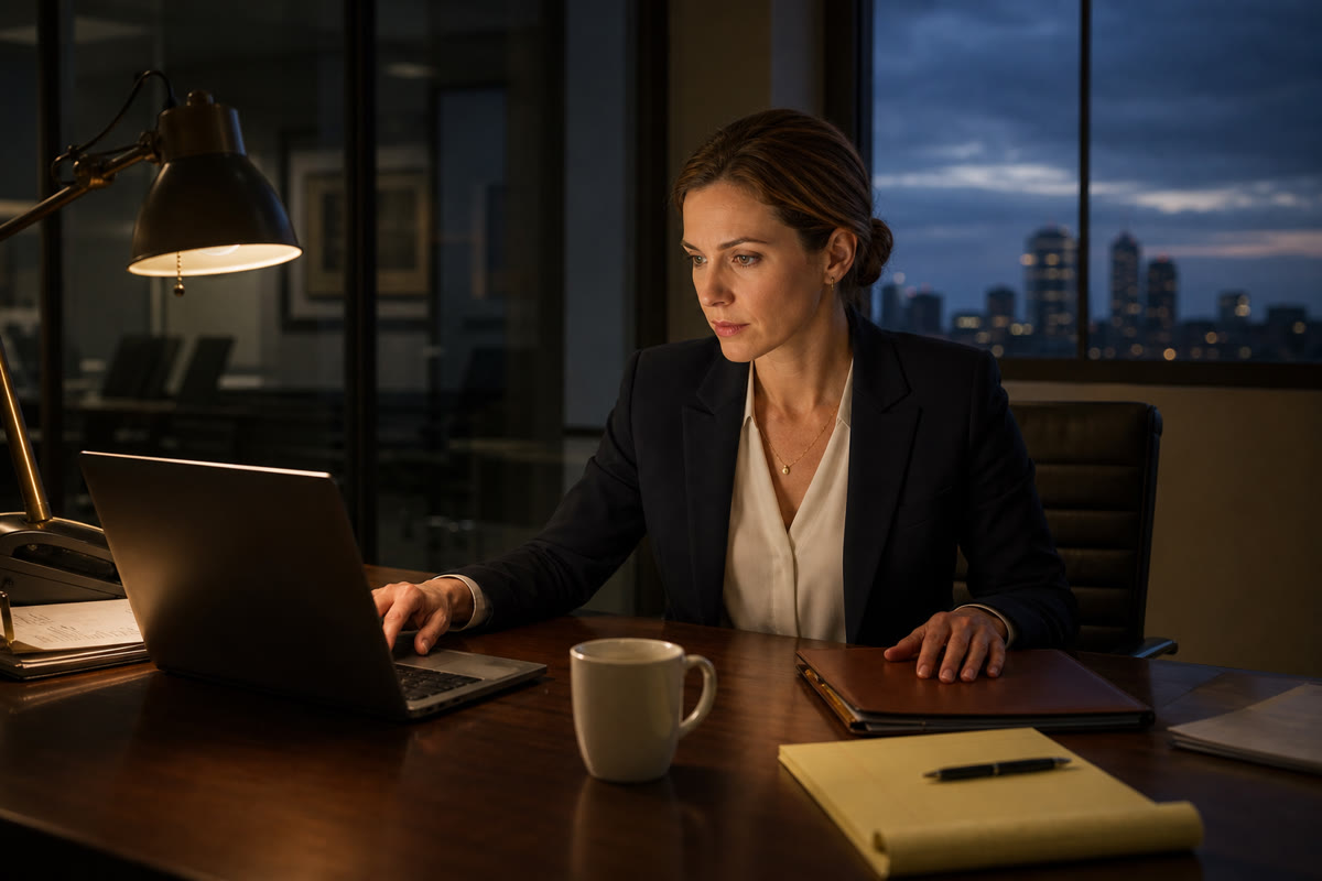 Attorney working late at her desk with a laptop and a single desk lamp before a filing deadline.
