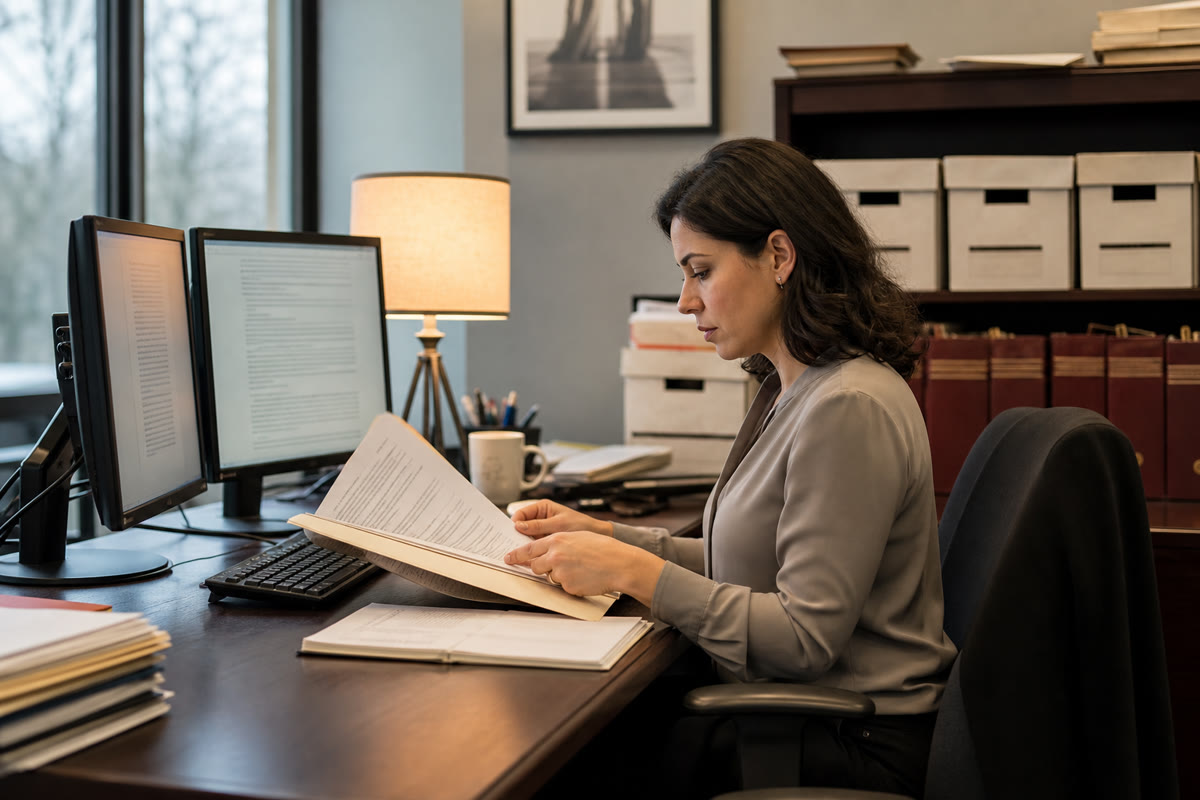 Paralegal comparing an on-screen document with a paper file at a dual-monitor desk in a small law office.