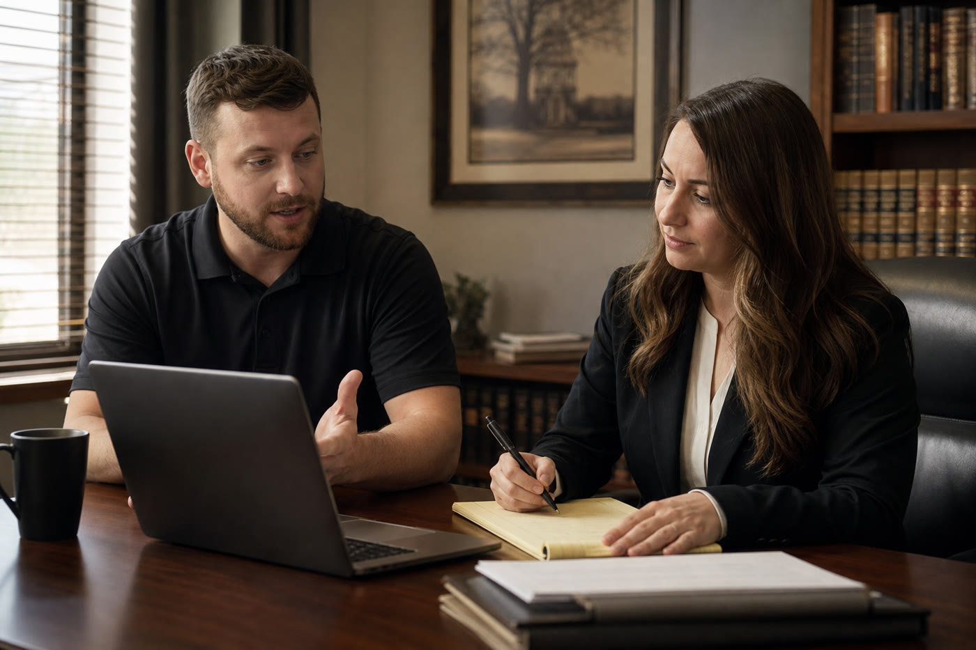 IT consultant reviewing a plan on a laptop with a law firm office manager at her desk.