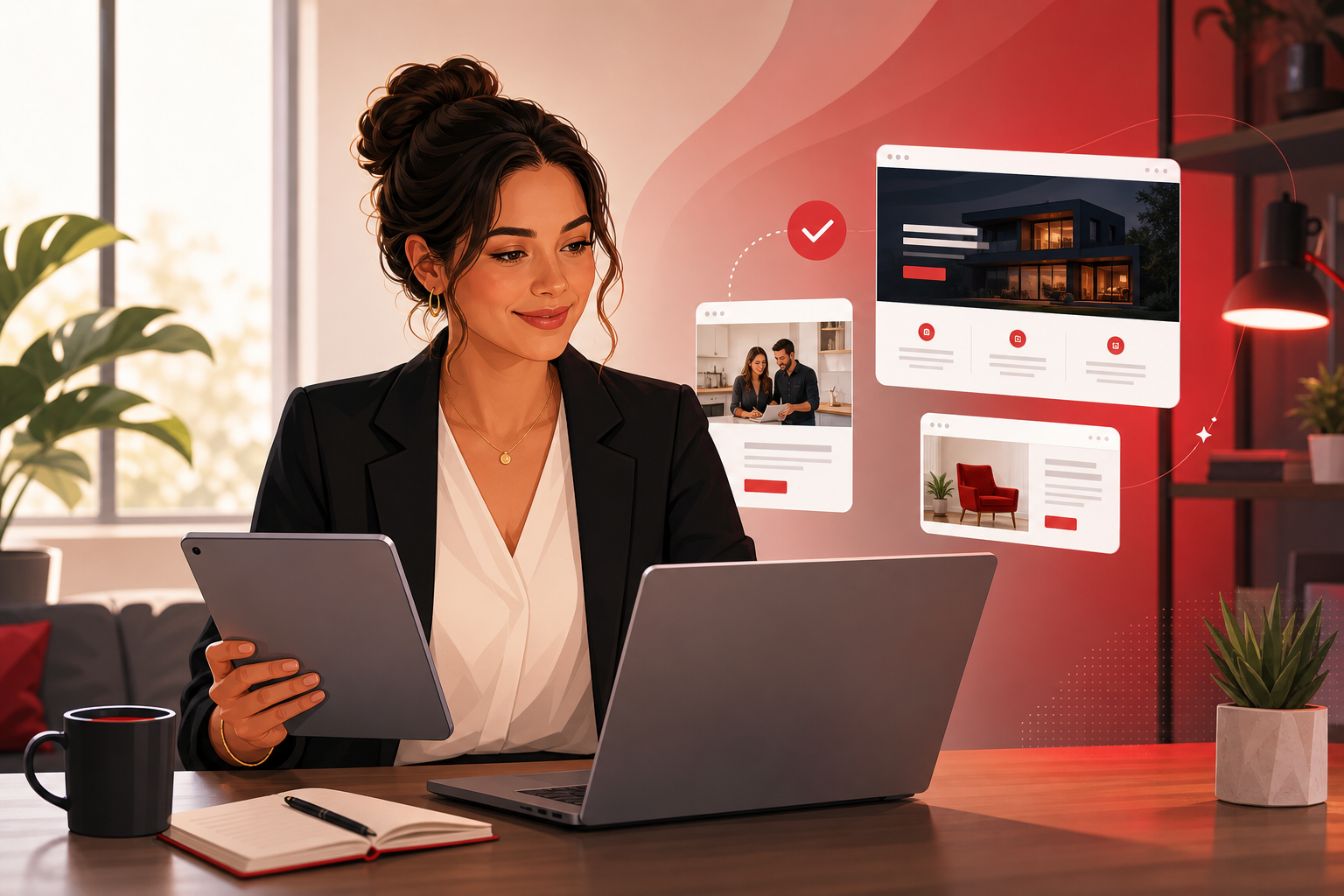 Illustration of Lina Navarro reviewing website update previews for clients.