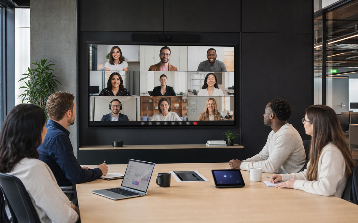 Microsoft Teams video meeting setup in a conference room for a DMV small business.