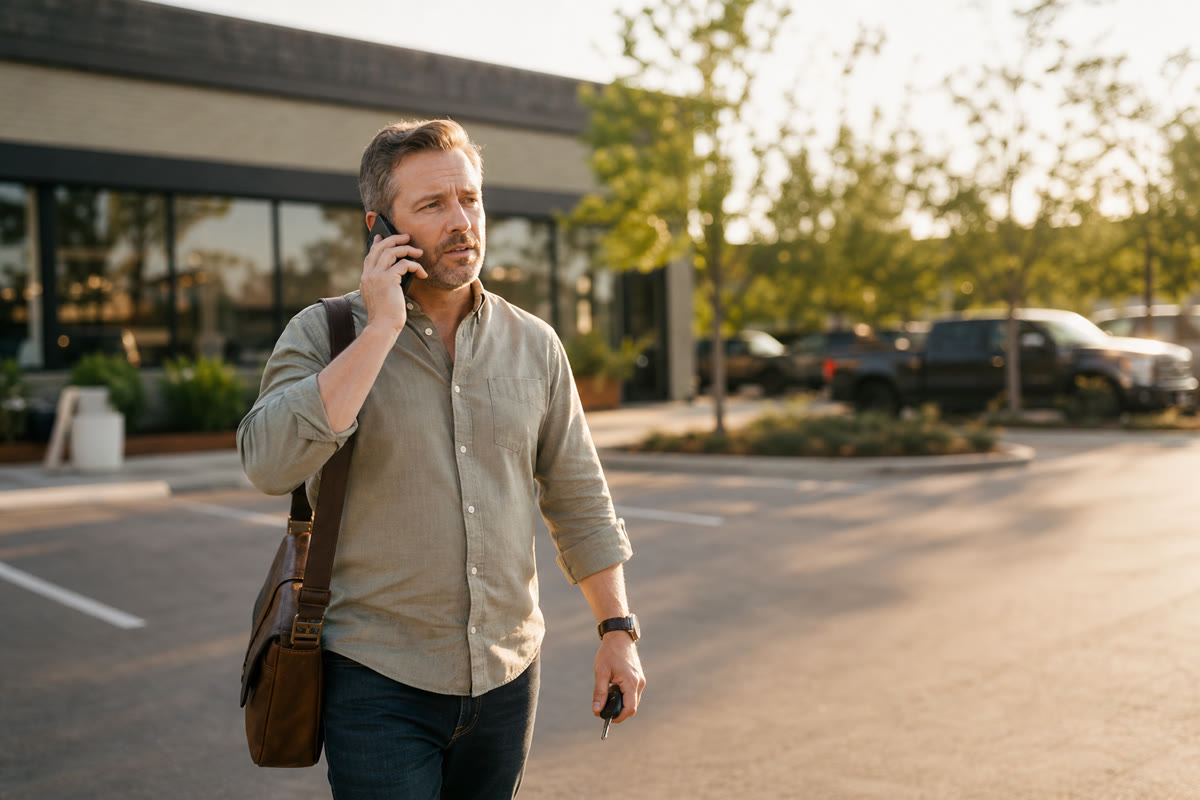 Business owner taking an office call on his mobile phone while walking to his car outside a commercial building.