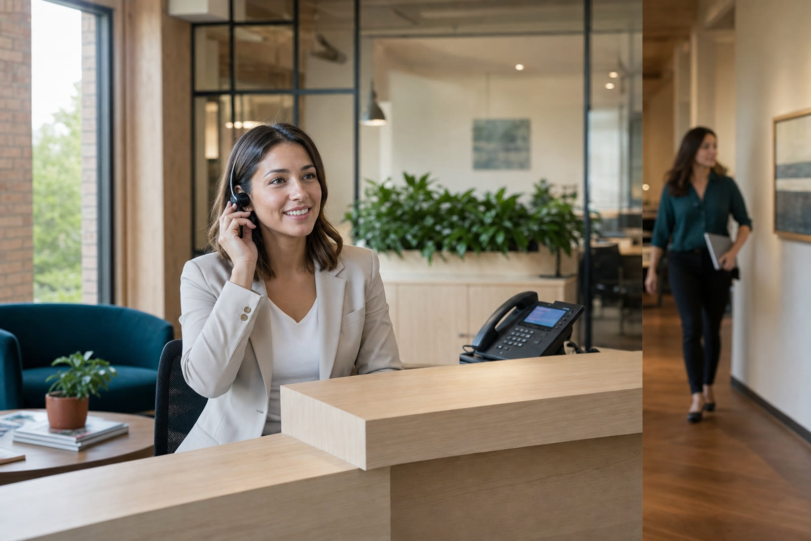 Receptionist at a small business front desk answering a call on a wireless headset beside a modern desk phone.
