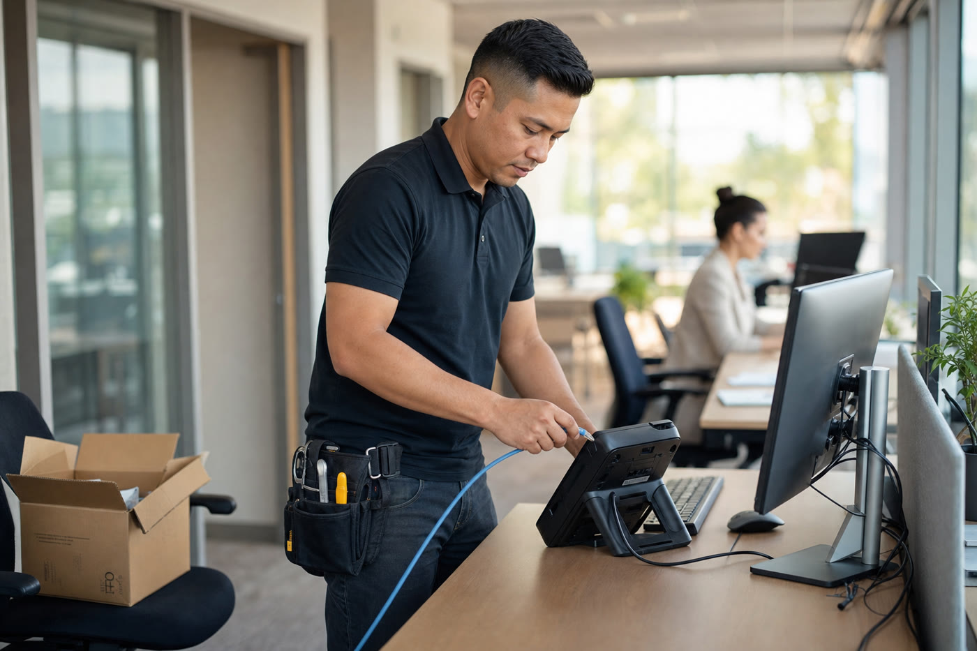 Knockout Networks technician standing at an office desk connecting a new business desk phone.