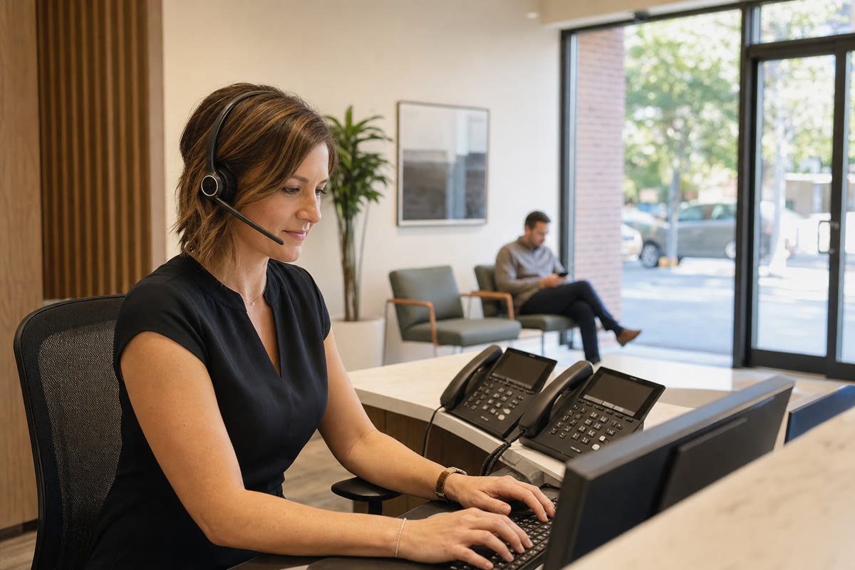 Front-desk coordinator handling a call on a headset while a visitor waits in the reception area.