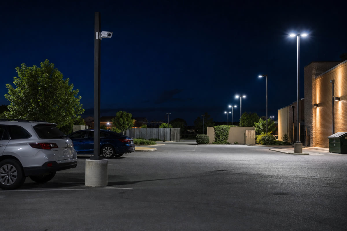 Exterior of a business at night with the parking area clearly lit and covered by a mounted camera.